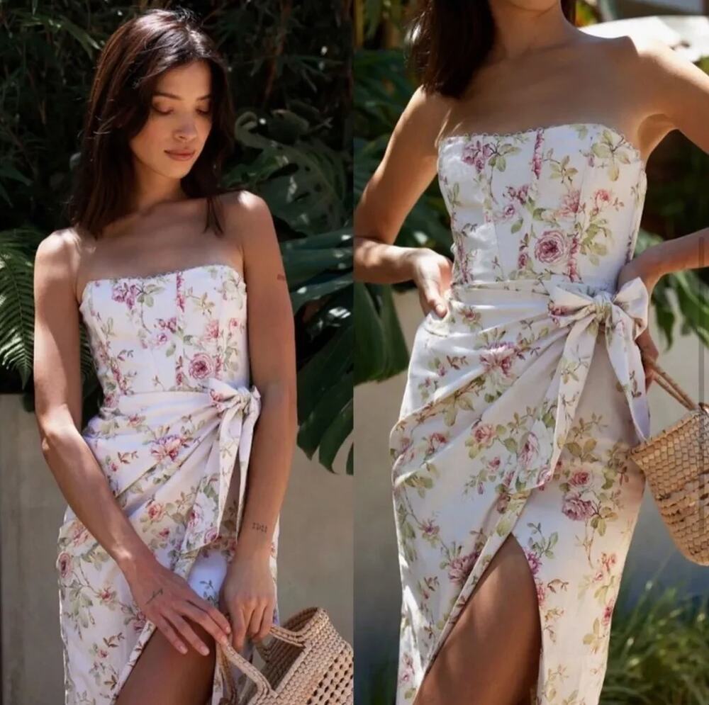 V. Chapman Anthropologie Liliana Strapless Midi Dress Pink Rose Floral